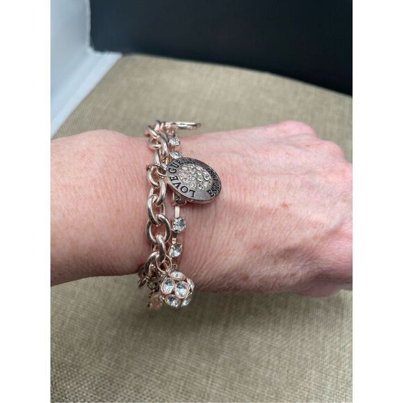 Vintage Guess Charmed Bracelet  Double-strand  Gold-tone Crystal, Rhinestones, H - Picture 2 of 9